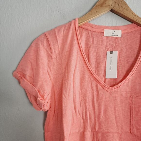 NEW T.la Anthropologie Mango Orange Classic V-Neck Short Sleeve Pocket T-Shirt - Picture 4 of 8